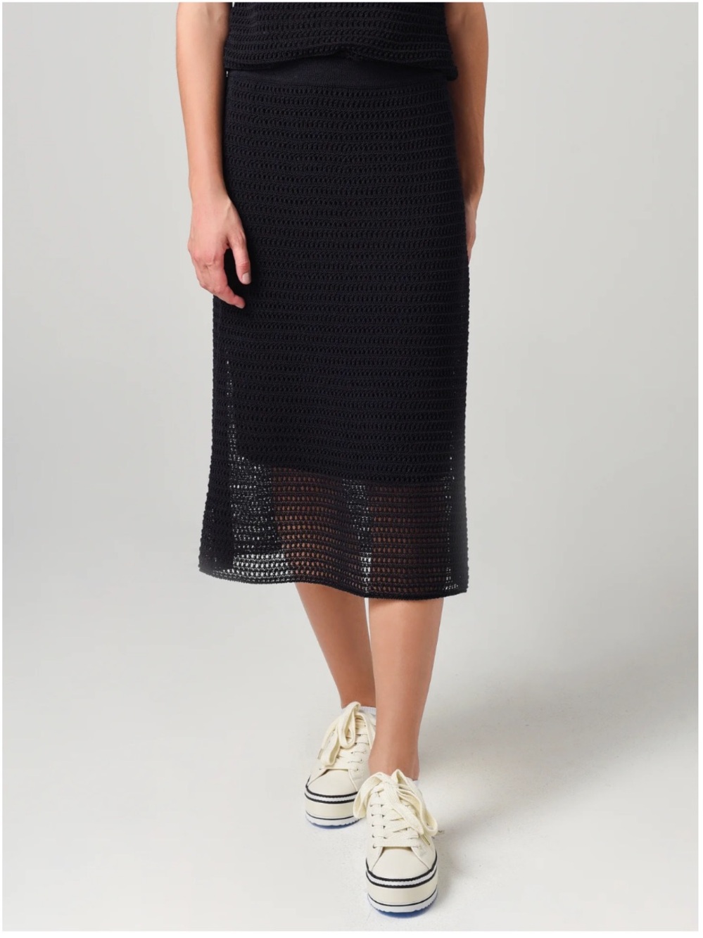 Vince Black Crochet Knit Midi Skirt